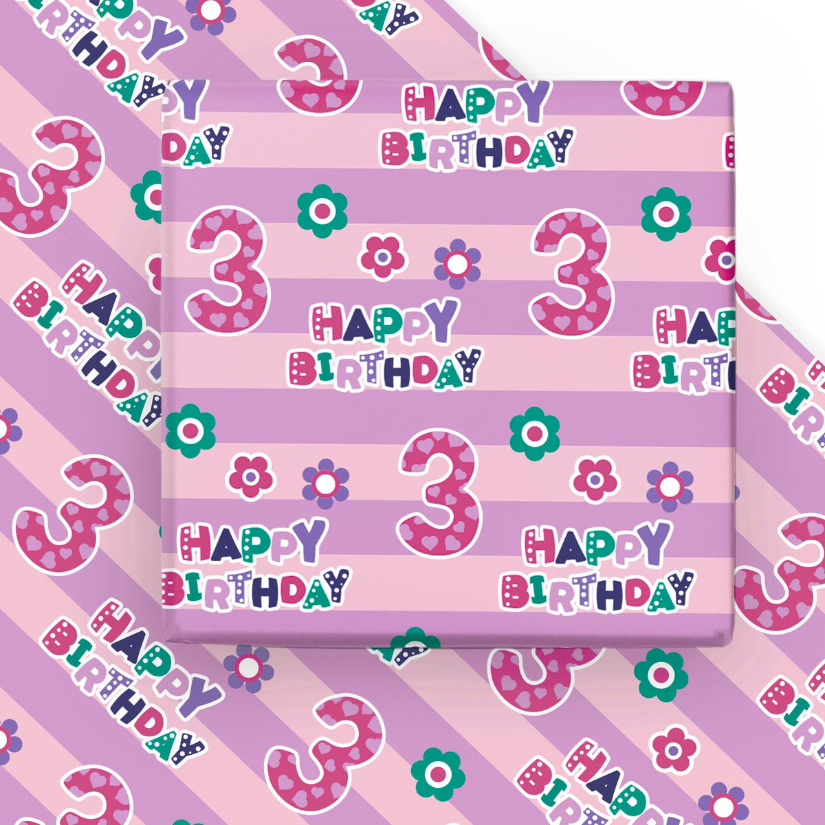 WRAPAHOLIC 3rd Birthday Wrapping Paper Sheet - 6 Sheets Pink Happy Birthday with Floral Design Folded Flat for Birthday, Party, Baby Showers - 19.7 Inch X 27.5 Inch Per Sheet