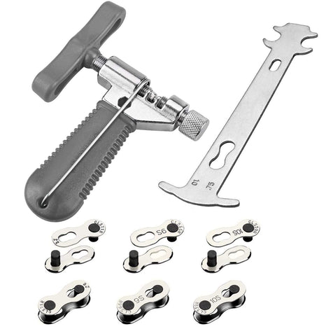 Bicycle Chain Tool Kit, 6 Pairs Bicycle Missing Link + Bicycle Chain Breaker + Chain Wear Gauge|Qkurt Bike Cycling Chain Mechanic Repair Tool Set for 6/7/8/9/10 Speed Chain Link Repair, Gray