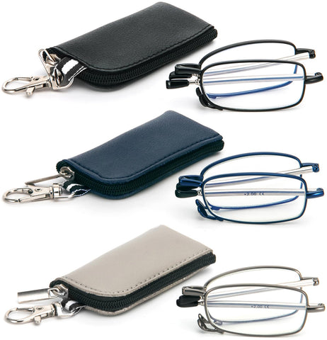 REAVEE 3 Pack Folding Reading Glasses for Men Women with Keychain Compact Bags Blue Light Blocking Portable Pocket Computer Readers,Black Grey and Blue 2.5