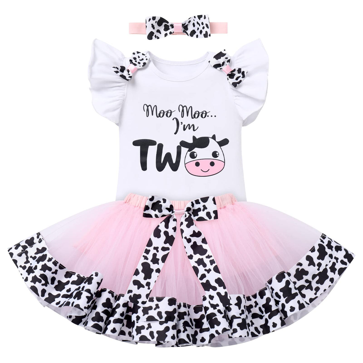 Cow 2nd Birthday Girl Outfit Toddler Romper Cow Tutu Skirt Headband Cake Smash Photoshoot Baby Cows Print Second Birthday Outfit Barnyard Farm Animals Cow Birthday Party Supplies Pink Moo Moo I'm Two