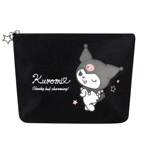 FLYBOT Kuromi Glitter Beauty Small Lightweight Pouch Black PU Leather Travel Case Makeup Zipper Bag