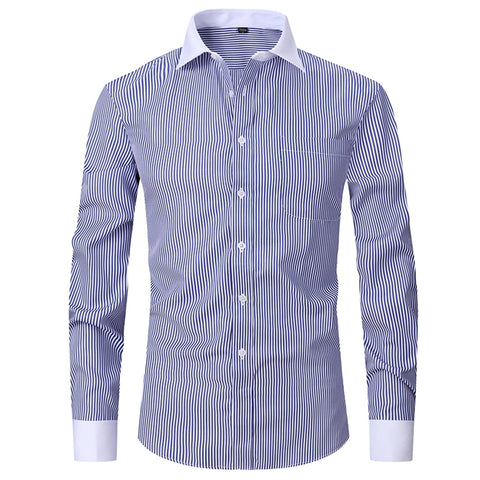 ATOFY Men's French Cuff Dress Shirt Slim Fit Formal Business Button Down Shirt for Men Long Sleeve, Stripes-blue, XL
