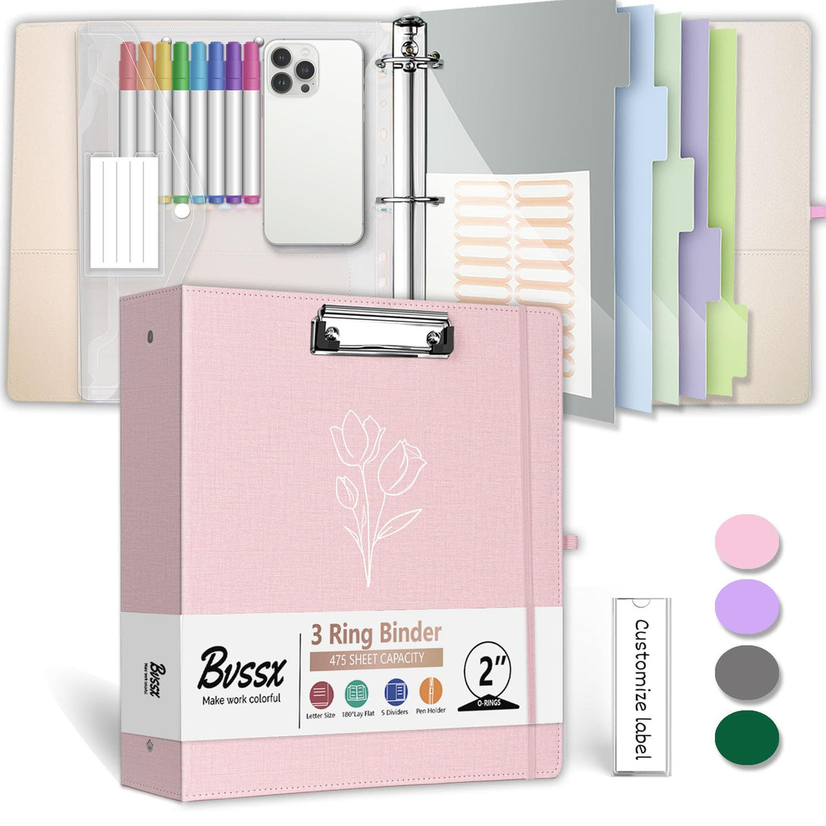 3 Ring Binder, 2 Inch Linen Binder Organizer for Letter Size (8.5" x 11") Paper with 5-Tabs Pockets Dividers, BVSSX Leather Three Ring Binders with Clipboard, Plastic Folder, Pen Loop - Pink Tulips