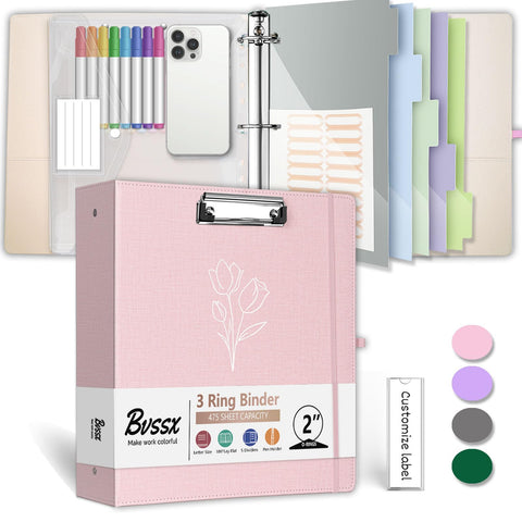 3 Ring Binder, 2 Inch Linen Binder Organizer for Letter Size (8.5" x 11") Paper with 5-Tabs Pockets Dividers, BVSSX Leather Three Ring Binders with Clipboard, Plastic Folder, Pen Loop - Pink Tulips