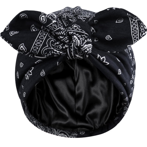Ababalaya Satin Lined turbans for women Chemo Headwear Beanies Silky Lined Cotton Bonnet Sleeping Cap, Black
