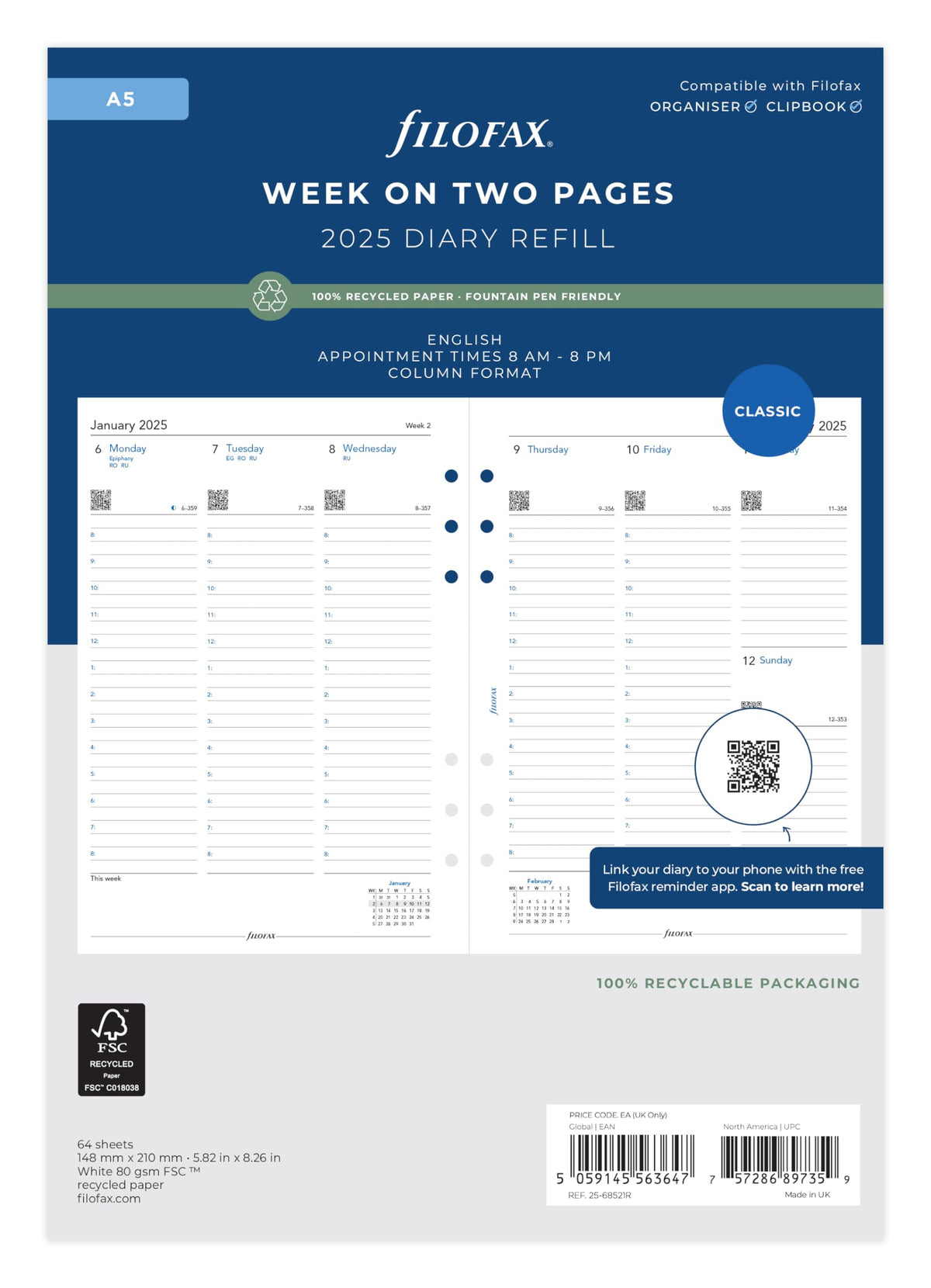 A5 Week on two pages English column format recycled paper 2025