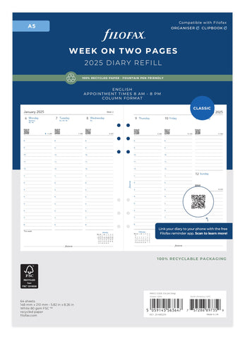 A5 Week on two pages English column format recycled paper 2025