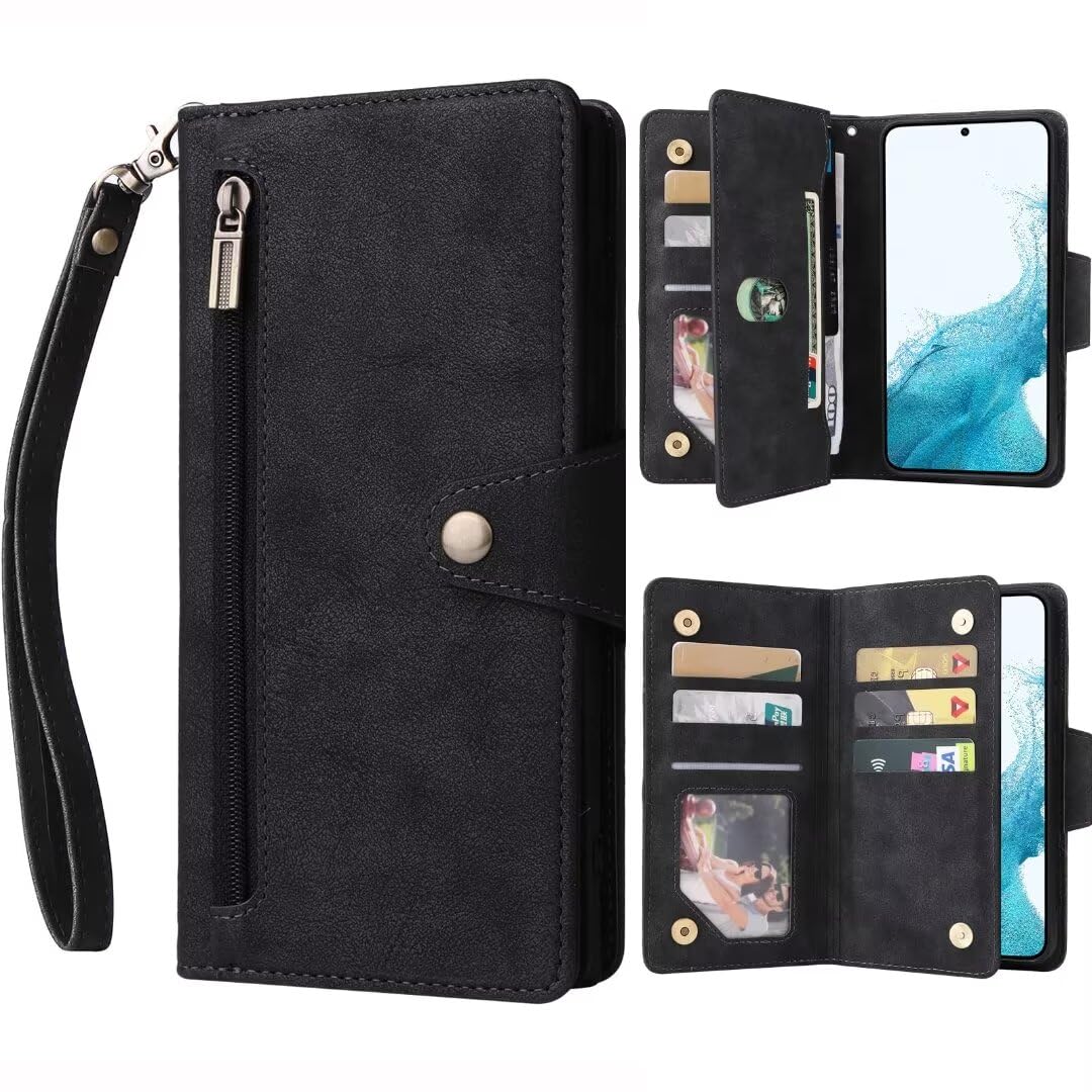 ATISIJIE for Samsung Galaxy S23 Plus Wallet Case, Durable PU Leather Wallet Phone Cases with Kickstand, Flip Case with Card Holder Magnetic Flip Cover Lanyard Wristlet Zipper Black