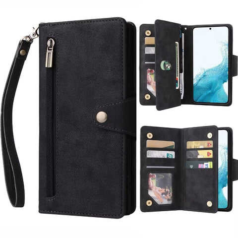 ATISIJIE for Samsung Galaxy S23 Plus Wallet Case, Durable PU Leather Wallet Phone Cases with Kickstand, Flip Case with Card Holder Magnetic Flip Cover Lanyard Wristlet Zipper Black