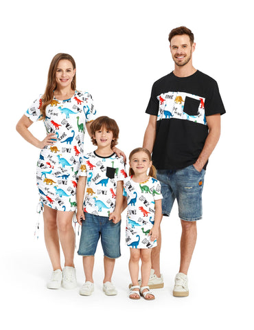 PATPAT Matching Family Outfits Mother Daughter Matching Dresses Dinosaur Print Ruched Bodycon Midi Dress and Casual Father and Son Short Sleeve Round Neck T-Shirt Sets Black and White Couples Men XL