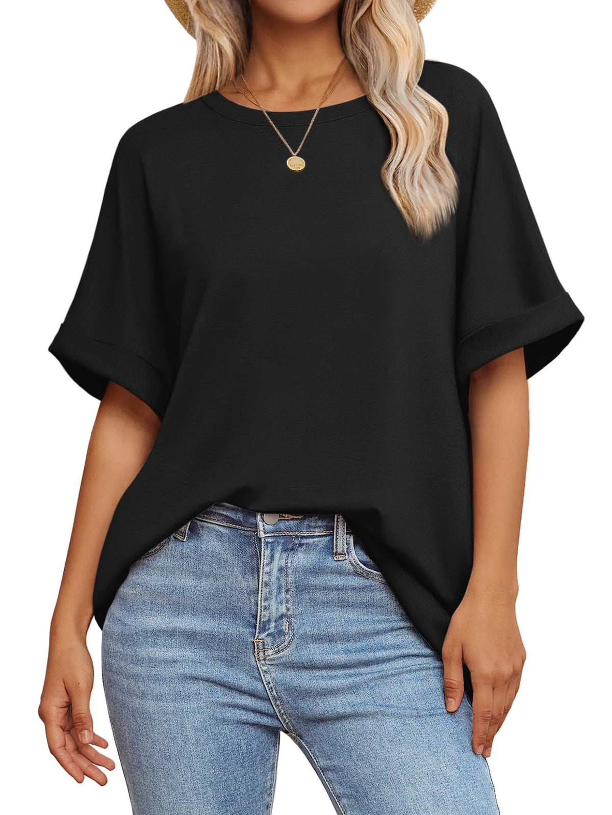 ATHMILE Plus Size Tshirts for Women Loose Fit Crewneck Short Sleeve Summer Casual Blouse 2024 Y2K Tee Tops Black