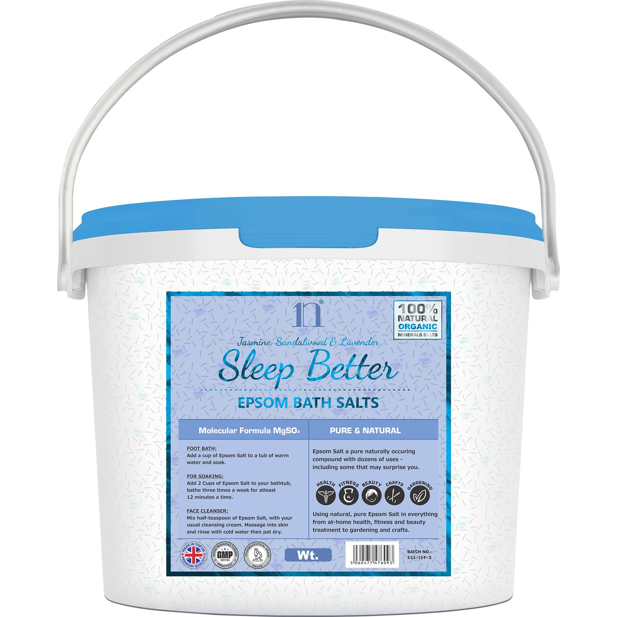 Scented Epsom Salt Sleep Better Salts with Jasmine, Sandalwood & Lavender Bucket Food Grade Magnesium Sulphate Foot Soak Salts Bath Epsom Salts (Sleep Better (Jasmine, Sandalwood & Lavender), 10KG)