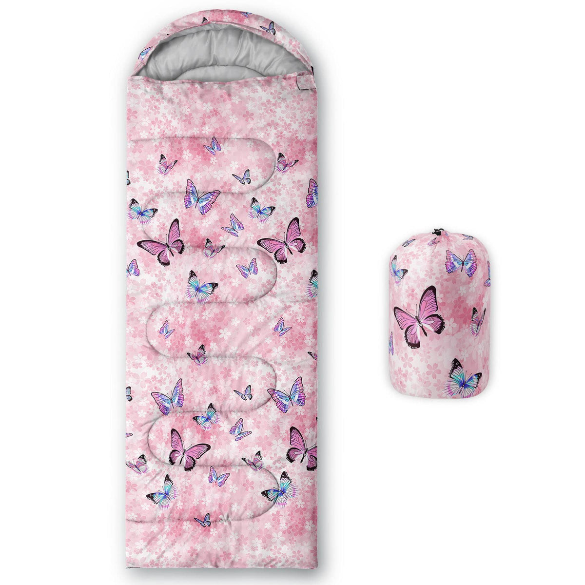 Datura home Kids Sleeping Bag for Girls,Floral Sakura Butterfly-Lightweight Warm Outdoor Indoor-Waterproof Cold Weather Resistant Sleeping Bag for Camping Hiking(Sakura 32"*90")