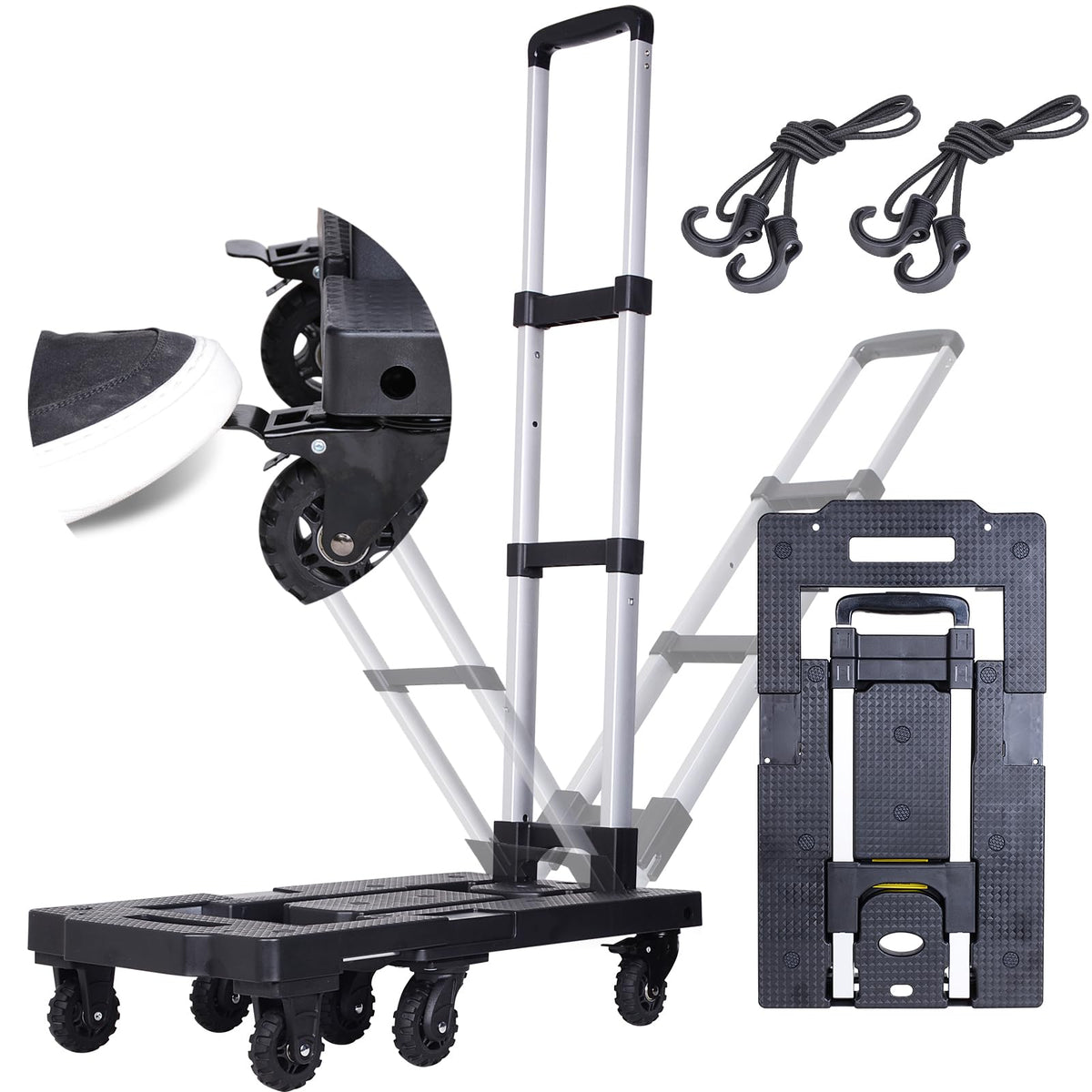 FUVLFAL Upgraded 600lbs Heavy Duty Folding Hand Truck Dolly, Light Weight Utility Dolly Platform Cart with 7 Wheels(2 with Brake)& Handle Lock & 2 Elastic Ropes for Luggage, Moving, Shopping Use