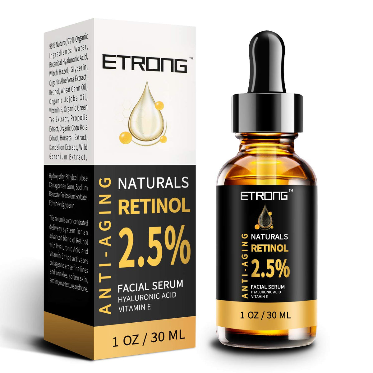 Retinol Serum,ETRONG High Strength Anti-aging Serum with 2.5% Retinol,Hyaluronic Acid and Vitamin E for Face Acne (30ml)