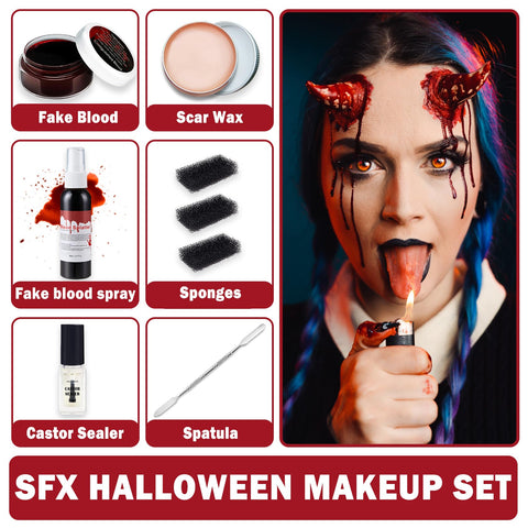 SFX Halloween Makeup Kit,Special Effects Scar Makeup Skin Wax with Spatula,Fake Blood Cream,Fake Blood Splatter Spray,Castor Oil,Black Stippling Sponge for Zombie Cosplay Makeup