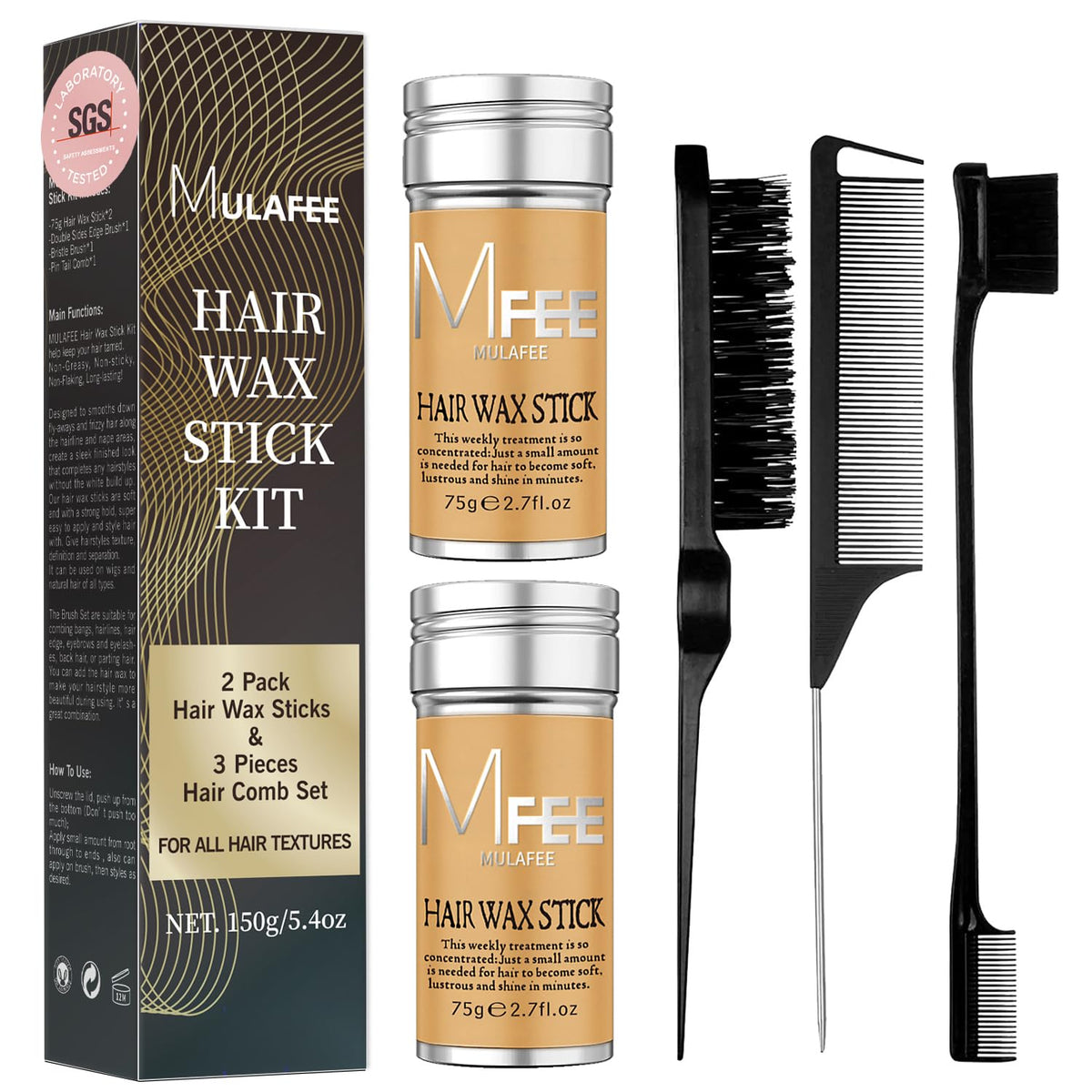MULAFEE 2 Pack Hair Wax Stick with Hair Comb Set, Wax Stick for Smooth Hair Wigs, Non-Greasy Styling Wax for Fly-Away and Edge Frizz, 3 Pcs Slick Brush Set