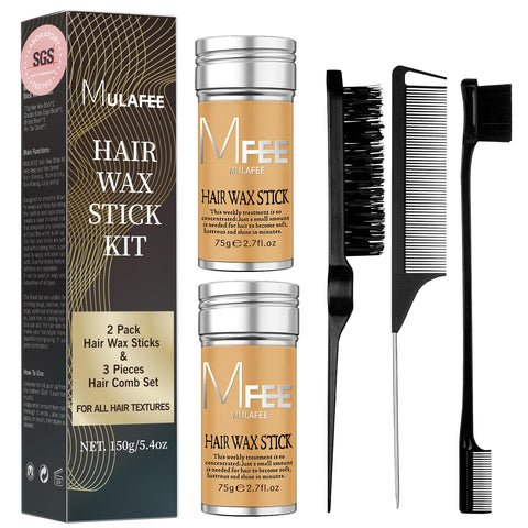 MULAFEE 2 Pack Hair Wax Stick with Hair Comb Set, Wax Stick for Smooth Hair Wigs, Non-Greasy Styling Wax for Fly-Away and Edge Frizz, 3 Pcs Slick Brush Set