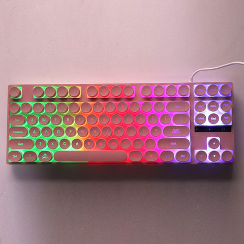 Mechanical Gaming Keyboard, USB Wired Punk Typewriter Style Light Up Keyboard, 87 Keys Round Keycaps Keyboard with Colorful Backlit, for Windows, Mac ()