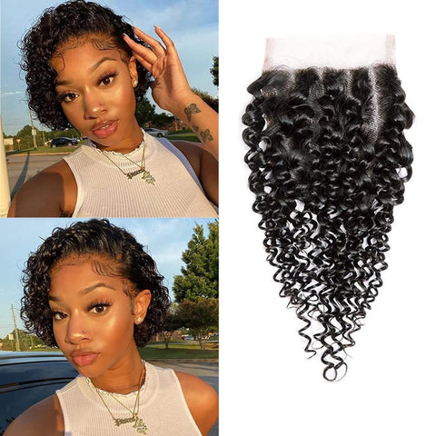 Kinky Curly Lace Closure Human Hair 8inch 4x4 Free Part Lace Closure, Natural Black Kinky Hair Brazilian Virgin Human Hair Swiss Lace Closure(8") â€¦
