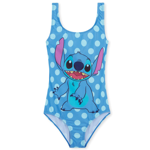 Disney Girls One Piece Swimsuit Comfortable Stretchy Swimsuit - Girls Gifts (Blue Stitch, 9-10 Years)