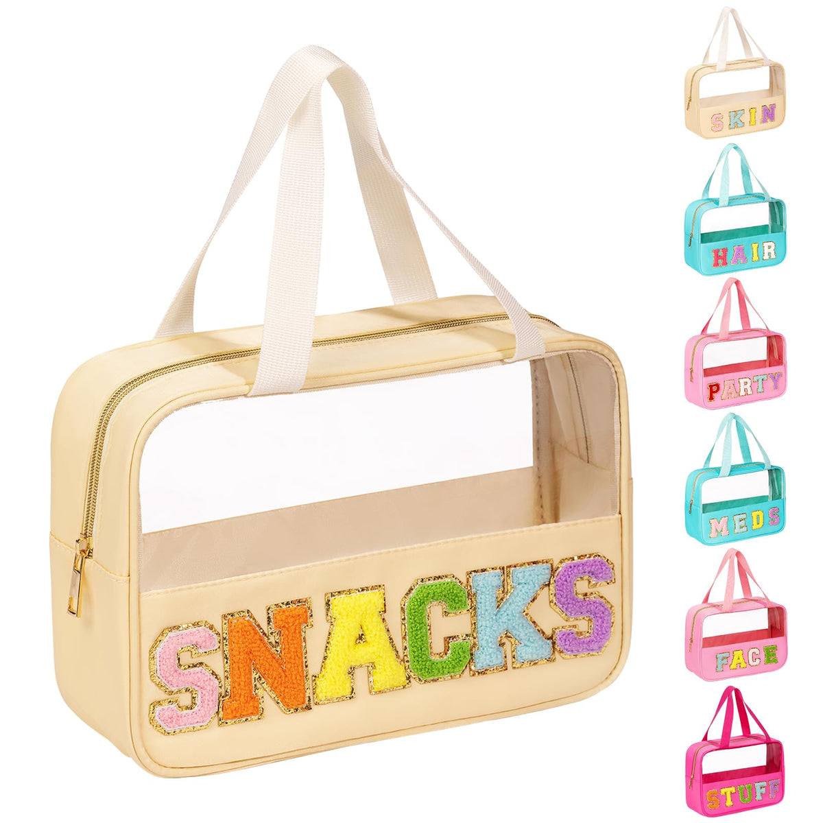 eurovicky Chenille Letter Patch Clear Snacks Bag, Preppy Nylon Snacks Bag with Handle and Zipper, Waterproof Large Clear Travel Snacks Bag Storage Bag for Women (Pleasing Beige-SNACKS)