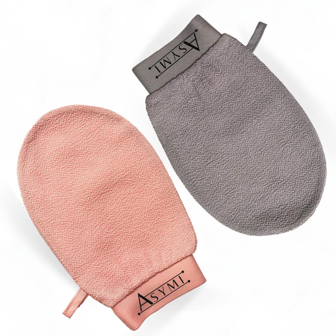 Asymi Deep Exfoliating Glove - Reusable Exfoliating Mitt for Dead Skin Removal (Keratosis Pilaris Strawberry Legs Ecologic body care) Vegan Body Scrub SPA body Treatment (Rose Peach), 1.0 Count
