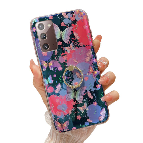 for Samsung Galaxy Note 20 Case (2020) Girls Women Cute Floral Shockproof Protective Cover with Gold Ring Stand Colorful Butterfly Flower Phone Case for Galaxy Note 20 5G