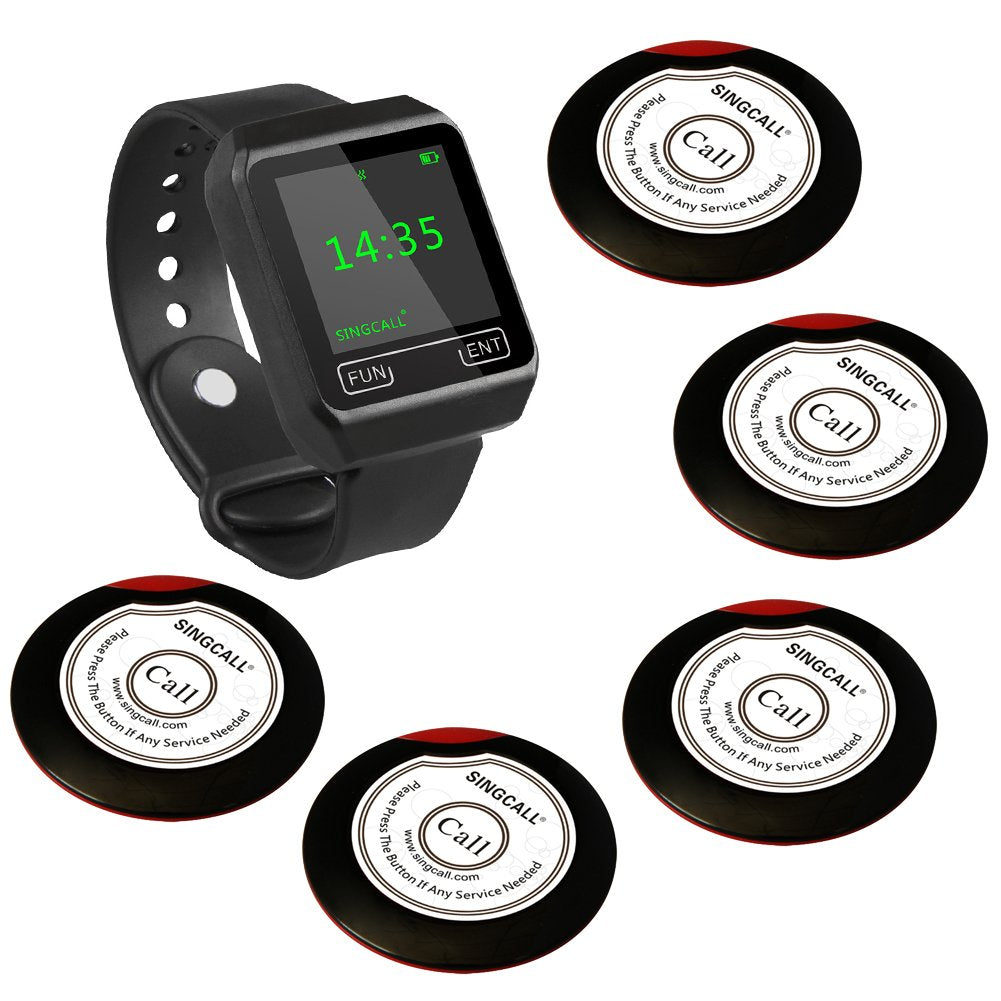 SINGCALL Wireless Service Calling System,for Bank Restaurant hotel,Call Waiter, Pack of 5 Pagers and 1 Watch Receiver(APE6800)