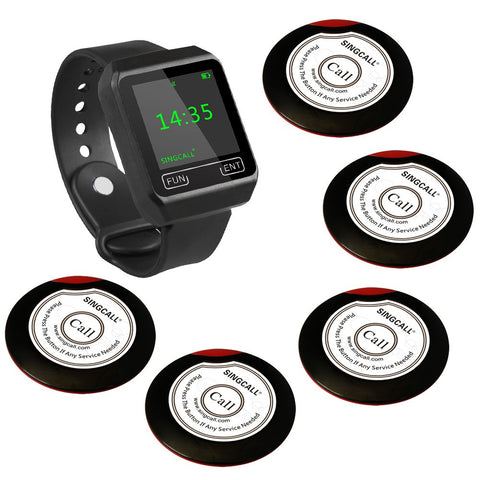SINGCALL Wireless Service Calling System,for Bank Restaurant hotel,Call Waiter, Pack of 5 Pagers and 1 Watch Receiver(APE6800)