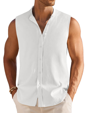 COOFANDY Men White Sleeveless Tank Top Casual Linen Textured Shirts Fashion Button Up Shirt for Summer