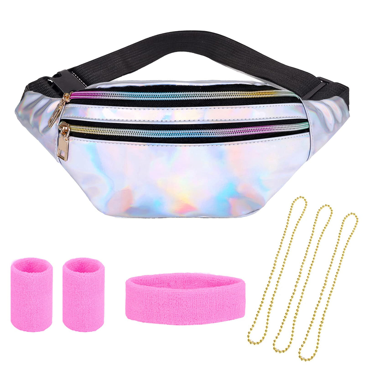 Waist Bag for Men and Women, Waterproof PU Waist Bag, Adjustable Size, 3 Compartment Shoulder Bag with Bracelet and Headband and Pearl Chain, White, ÃƒÆ’Ã‚Â¥Ãƒâ€šÃ‚ÂÃƒÂ¢Ã¢â€šÂ¬Ã‚Â¡ÃƒÆ’Ã‚Â§Ãƒâ€šÃ‚Â Ãƒâ€šÃ‚Â, Belt bag with three compartments