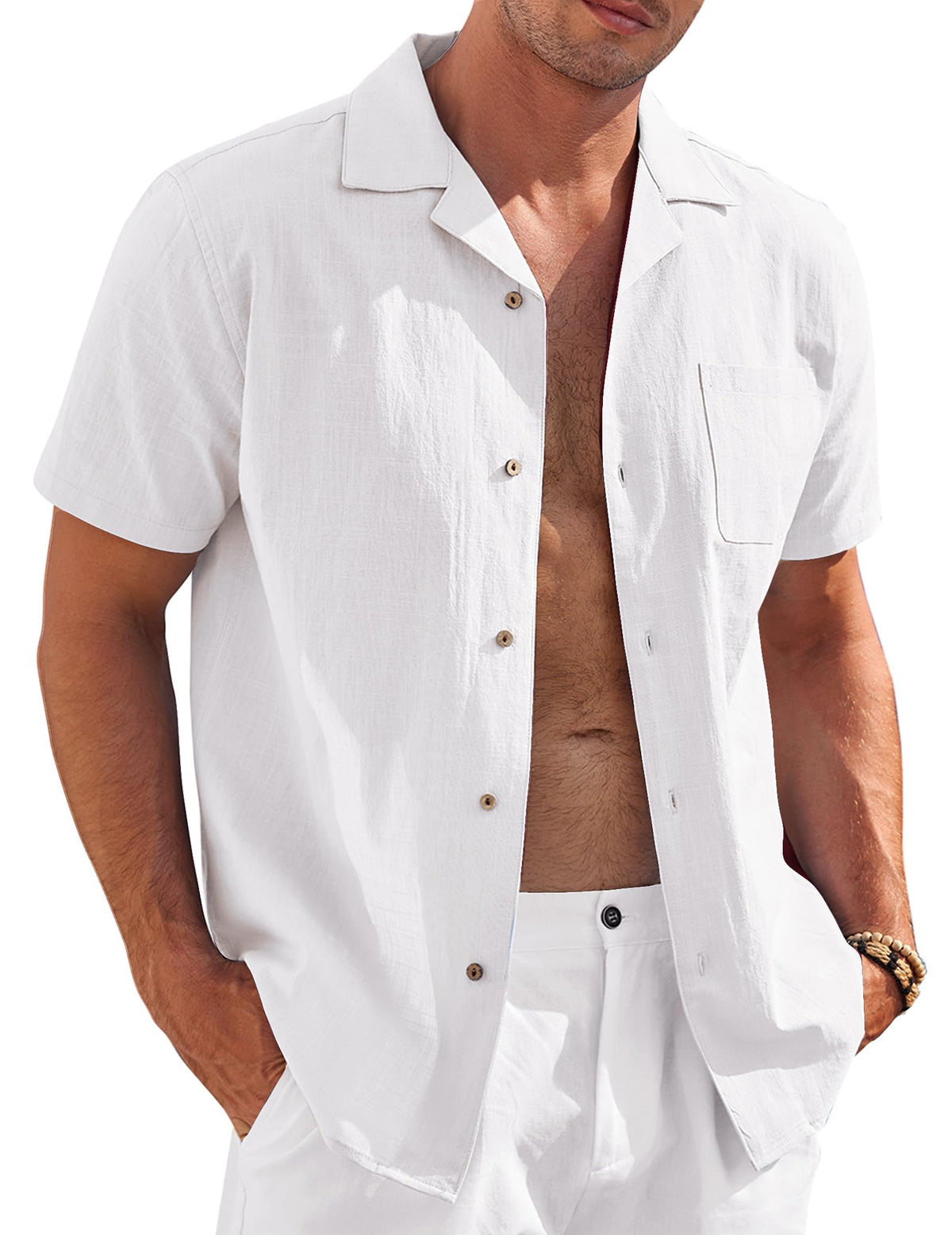 COOFANDY Mens Casual Button Down Shirts Short Sleeve Summer Cruise Hawaiian Linen Shirts (White, Medium)