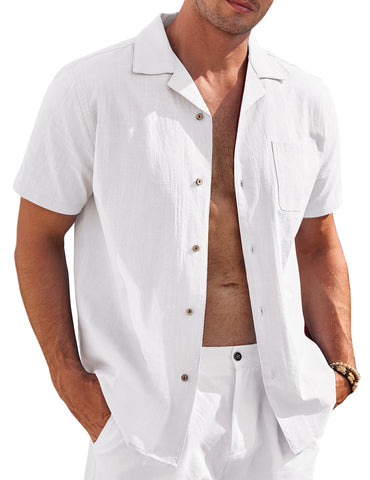 COOFANDY Mens Casual Button Down Shirts Short Sleeve Summer Cruise Hawaiian Linen Shirts (White, Medium)