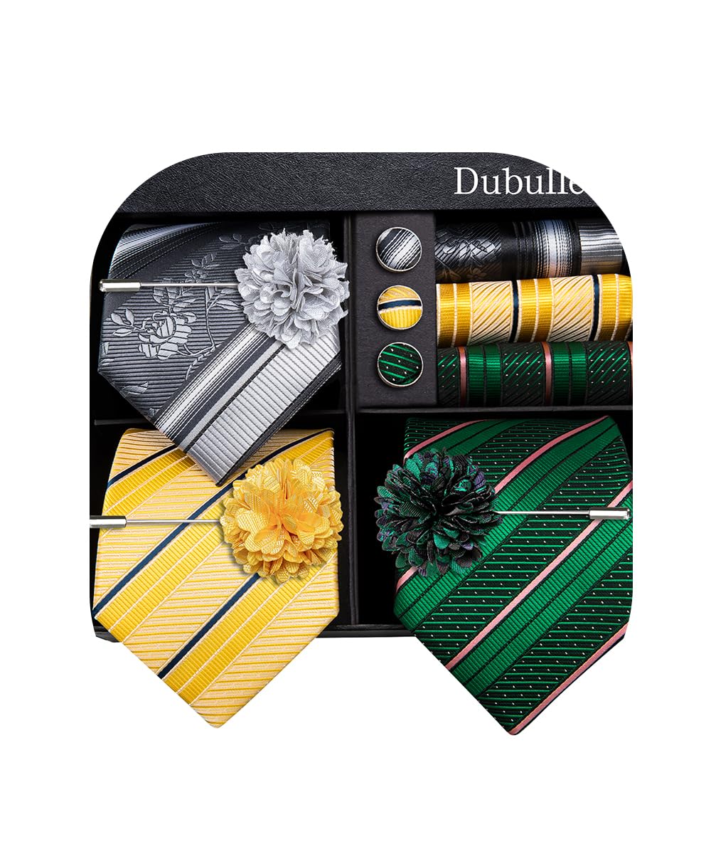 Dubulle Lot 3 PCS Classic Men's Silk Tie Set Paisley Stripe Necktie for Men Pocket Square Gift Box Multiple Sets,Green Yellow Grey
