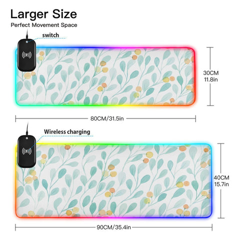 Beautiful Watercolor Leaves Wireless Charging Mouse Pad for Mobile Phone Extra Large Gaming Mousepad with 13 Lighting Modes Keyboard Mat for MacBook PC Laptop Desk Office Home Gaming