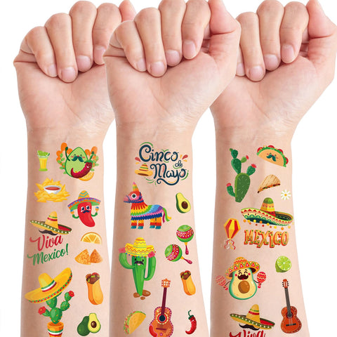 HOXIETA Cinco de Mayo Temporary Tattoos - 100pcs Mexico Deisgn Tattoos Stickers Happy Cinco de Mayo Fake Tattoos Stickers Decal for Mexican Themed Party Face Body Tattoo Decorations 10sheets