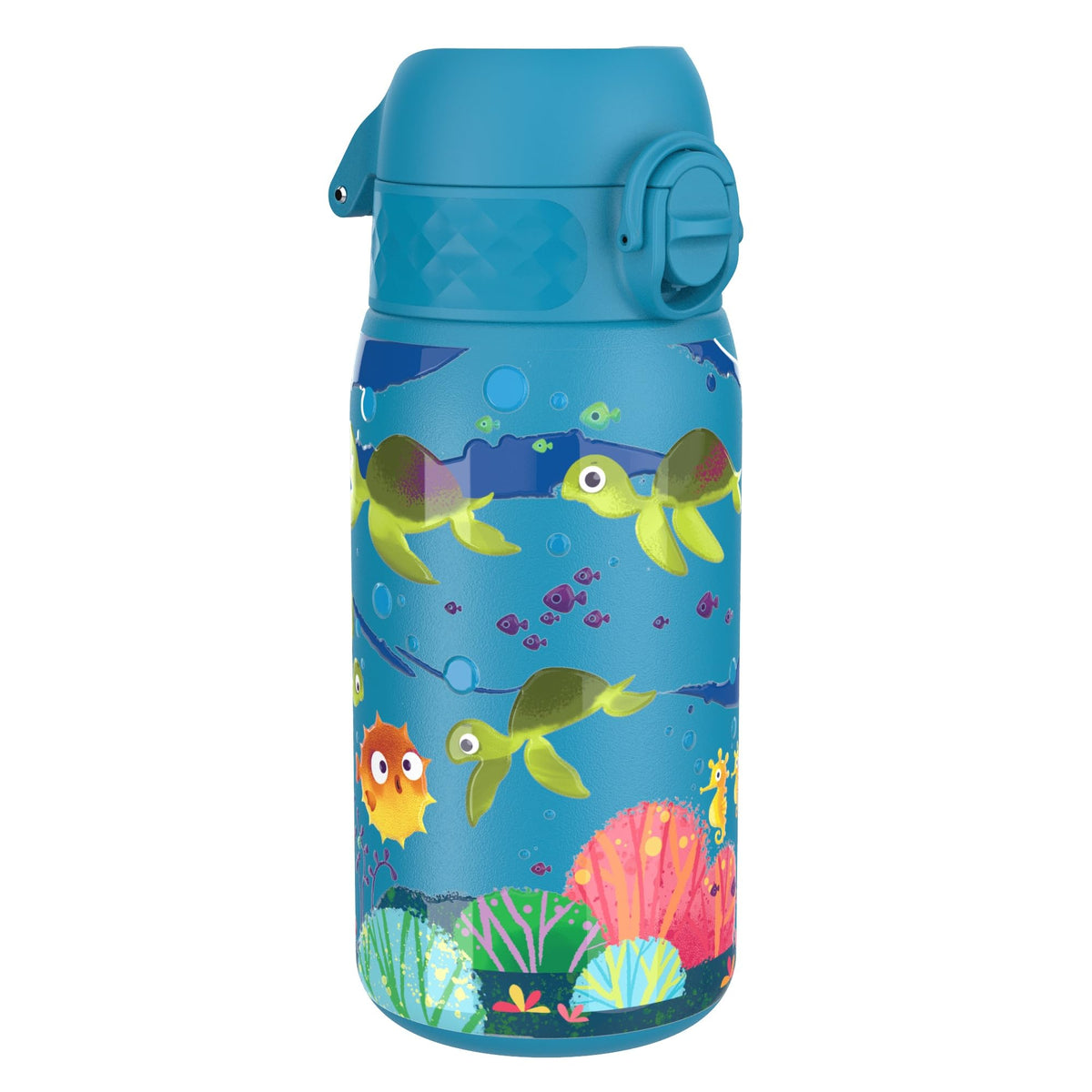Ion8 Kids Water Bottle, Steel 400 ml/13 oz, Leak Proof, Easy to Open, Secure Lock, Dishwasher Safe, Flip Cover, Carry Handle, Easy Clean, Durable, Metal Water Bottle, Raised Print, Sea Turtle Design