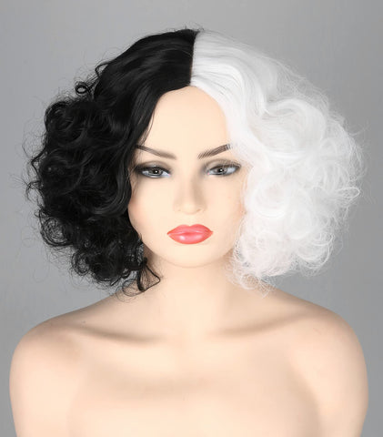 Topcosplay Cosplay Wigs for Adult Women Black White Short Curly Wig Halloween Costume Cosplay Wigs (White and Black)