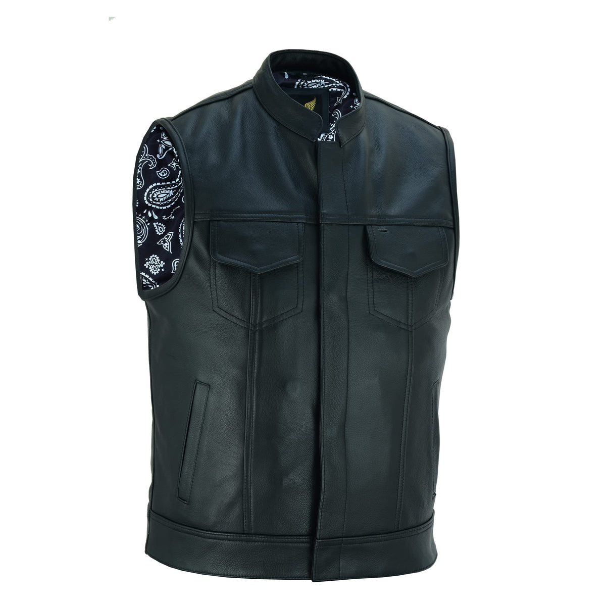 Leatherick Mens Black Motorcycle Vests - SOA Club & Traditional Paisley Satin Liner Leather Biker Vests, White Paisley (With Black Stitching), XXL