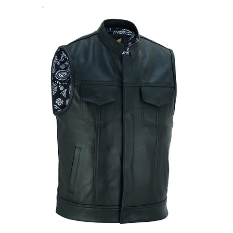 Leatherick Mens Black Motorcycle Vests - SOA Club & Traditional Paisley Satin Liner Leather Biker Vests, White Paisley (With Black Stitching), XXL