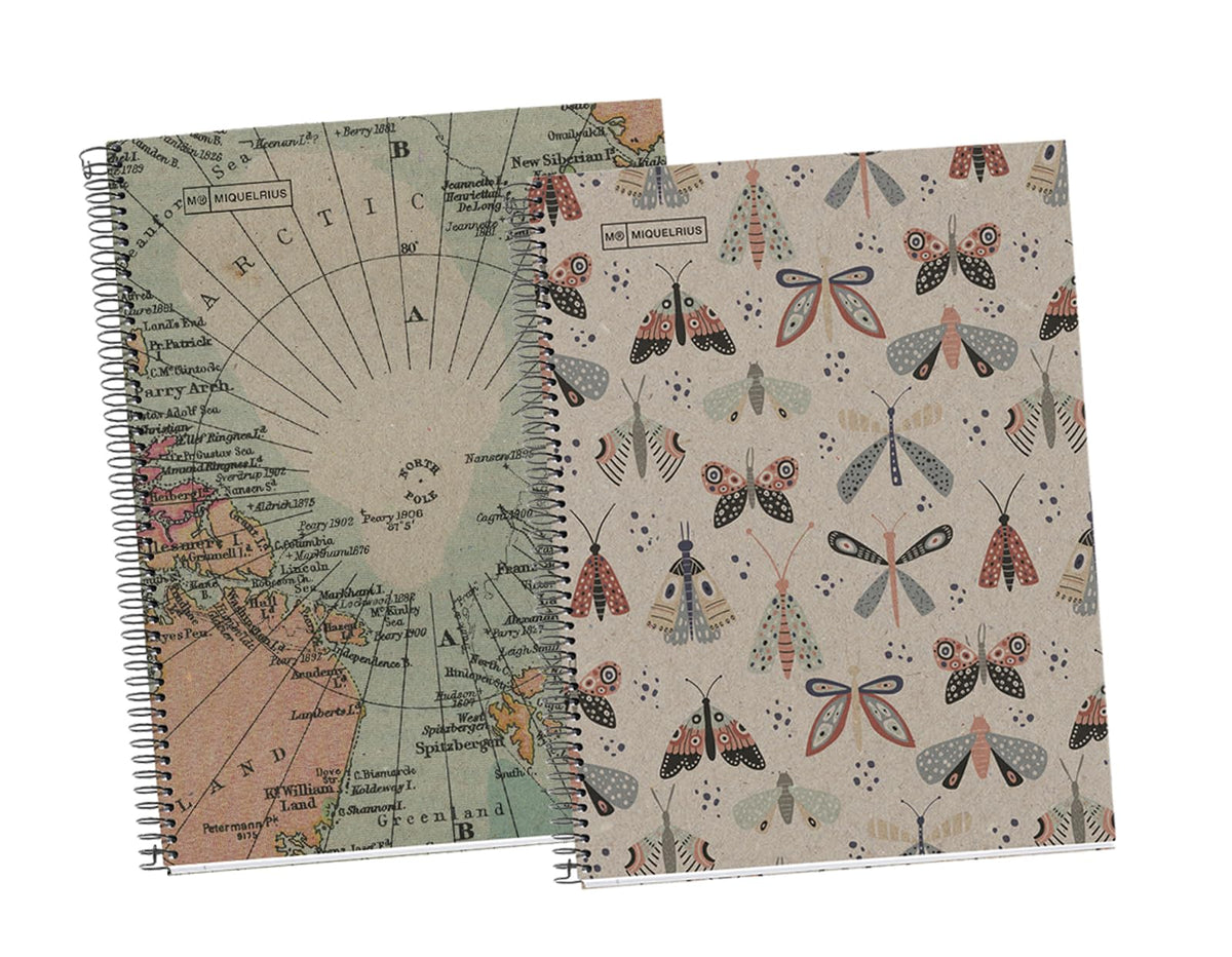 Miquel Rius MIQUELRIUS - Pack of 2 Notebooks 100% Recycled A4 Squared 80g Micro Perforated Margin - 4 Holes and Coloured Stripes - Ecobutterfly and Ecomaps