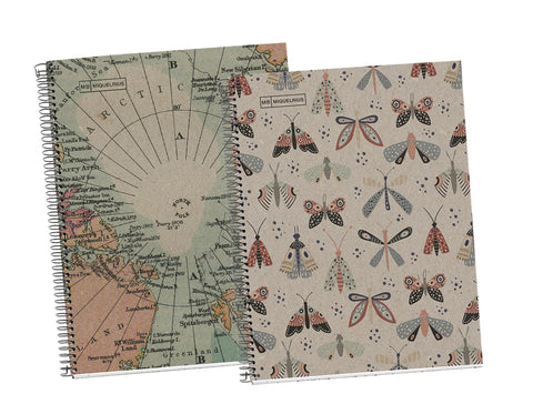 Miquel Rius MIQUELRIUS - Pack of 2 Notebooks 100% Recycled A4 Squared 80g Micro Perforated Margin - 4 Holes and Coloured Stripes - Ecobutterfly and Ecomaps