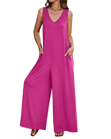 luvamia Jumpsuits for Women Causal Sleeveless Wide Leg Overall Jumpsuit Baggy Loose Onesie Jumpers With Pockets Lounge Overall Jumpsuit for Women 2024 Womens Wide Leg Pants Hot Pink Size 8 Size 10