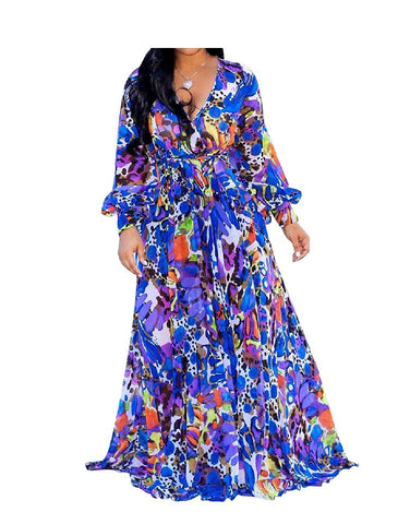 Womens See Through Deep V Neck Printed Floral Maxi Long Dress Vacation Dresses Waistbacd Plus Size Yellow