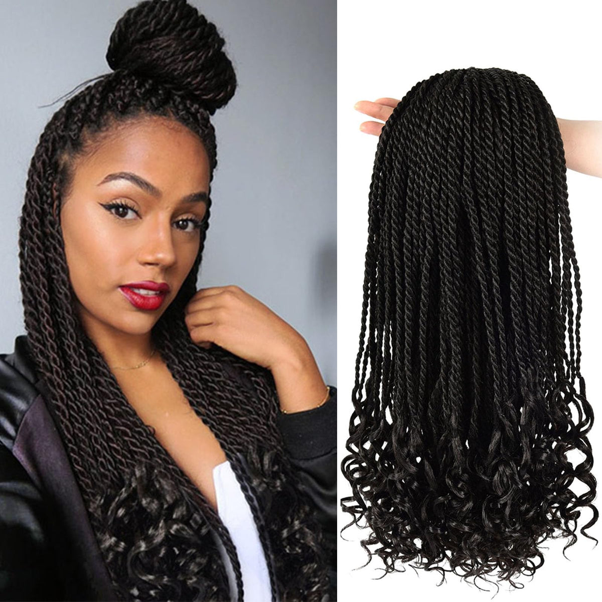 HVN-KVVM 18 Inch Senegalese Twist Crochet Hair with Curly Ends Prelooped Goddess Box Braids Crochet Hair for Black Women(5 Packs,1B)