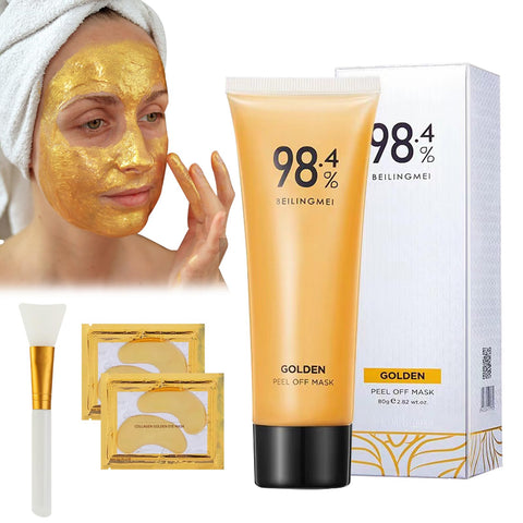 Gold Foil Peel off Mask, 98.4% Gold Facial Mask, Gold Face Mask & Gold Eyes Mask & Brush Set, Beilingmei Gold Peel off Mask, Peel-Off Anti-Wrinkle Face Mask for Deeply Cleans (1pcs)