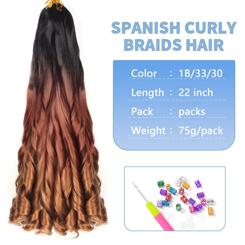 22 inch French Curly Braiding Hair 8 Pack Loose Wavy Spiral Curl Braids Crochet Hair Deep Wave Synthetic Extensions Pre Stretched Bouncy Braiding Hair (22 inch, 1B/33/30)