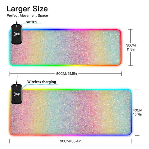 Glitter Lights Wireless Charging Mouse Pad for Mobile Phone Extra Large Gaming Mousepad with 13 Lighting Modes Computer Mat for MacBook PC Laptop Desk Office Home Gaming
