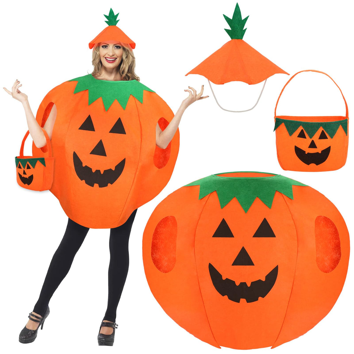 Hifot Pumpkin Costume Adult Set, 3PCS Pumpkin Bag Pumpkin Hat Funny Pumpkin Halloween Costume for Women Men Unisex, Cute Halloween Pumpkin Costume for Halloween Party Cosplay Role Play Fancy Dress